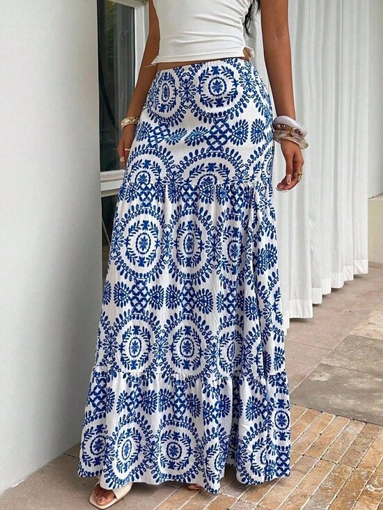 Dresses & Skirts - Blue And White Boho Women's Full Print Casual Loose Low Waist Skirt